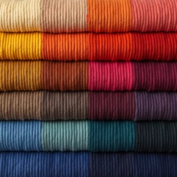 Various samples of woolen fabric in different colors are neatly organized, showcasing a vibrant palette ideal for textile design and creative projects. Generative AI.