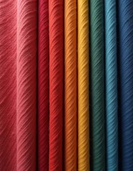 Various samples of woolen fabric in different colors are neatly organized, showcasing a vibrant palette ideal for textile design and creative projects. Generative AI.
