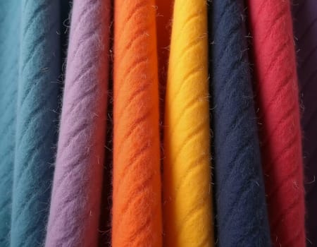Various samples of woolen fabric in different colors are neatly organized, showcasing a vibrant palette ideal for textile design and creative projects. Generative AI.