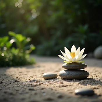 Smooth stones are carefully stacked beside a delicate white lily in a serene garden setting. Soft sunlight filters through the greenery, enhancing the peaceful vibe. Generative AI.