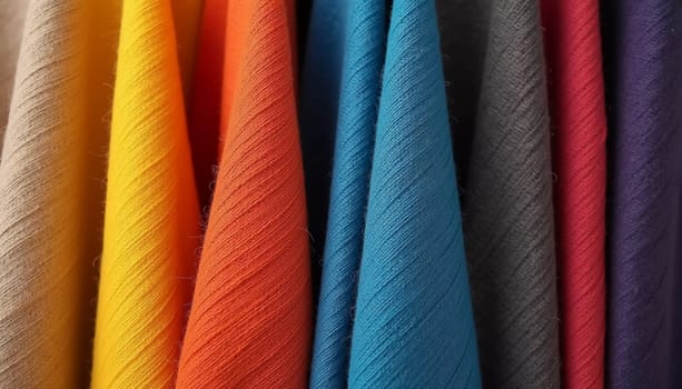 Various samples of woolen fabric in different colors are neatly organized, showcasing a vibrant palette ideal for textile design and creative projects. Generative AI.