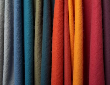 Various samples of woolen fabric in different colors are neatly organized, showcasing a vibrant palette ideal for textile design and creative projects. Generative AI.