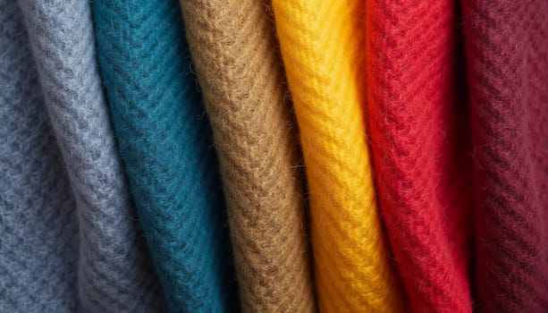 Various samples of woolen fabric in different colors are neatly organized, showcasing a vibrant palette ideal for textile design and creative projects. Generative AI.