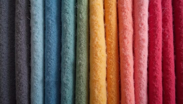 Various samples of woolen fabric in different colors are neatly organized, showcasing a vibrant palette ideal for textile design and creative projects. Generative AI.