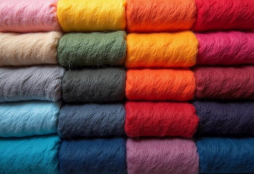 Various samples of woolen fabric in different colors are neatly organized, showcasing a vibrant palette ideal for textile design and creative projects. Generative AI.