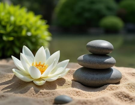 Smooth stones are carefully stacked beside a delicate white lily in a serene garden setting. Soft sunlight filters through the greenery, enhancing the peaceful vibe. Generative AI.