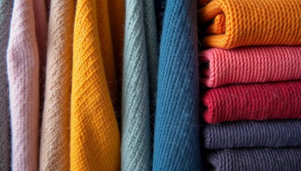 Various samples of woolen fabric in different colors are neatly organized, showcasing a vibrant palette ideal for textile design and creative projects. Generative AI.