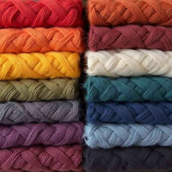 Various samples of woolen fabric in different colors are neatly organized, showcasing a vibrant palette ideal for textile design and creative projects. Generative AI.