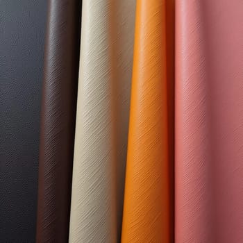 A collection of genuine pigskin leather samples showcases a variety of colors, including shades of orange, gold, brown, and black. Each piece displays unique textures and finishes. Generative AI.