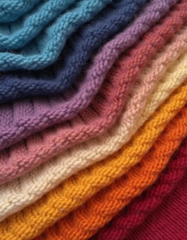 Various samples of woolen fabric in different colors are neatly organized, showcasing a vibrant palette ideal for textile design and creative projects. Generative AI.