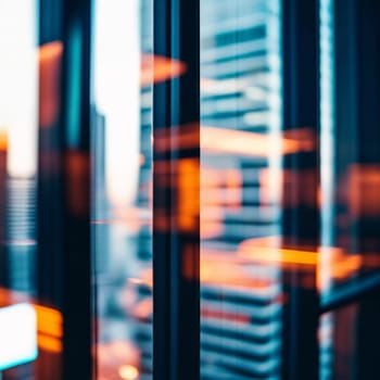 A modern urban landscape is partially obscured by a blurred glass wall. Vibrant reflections suggest evening light creating an abstract portrayal of a city skyline. Perspective. Generative AI.