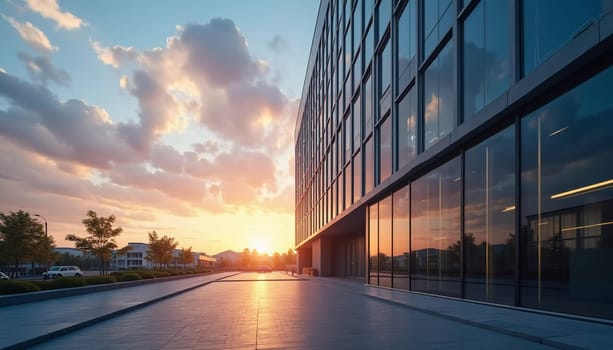 A towering office building with expansive glass windows reflects the vibrant colors of sunset. Urban surroundings and clear skies create a serene atmosphere as day transitions into night. Generate AI.