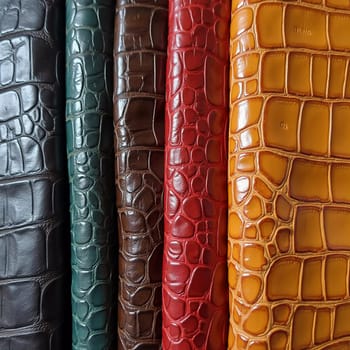 Different samples of genuine crocodile leather are arranged in vibrant colors. Each piece showcases unique textures and finishes, appealing to leather enthusiasts and designers. Generative AI.