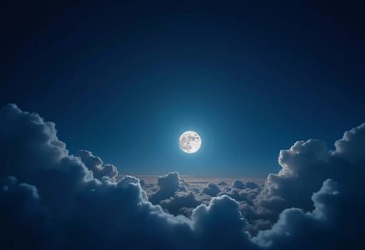 A luminous moon hangs in a dark sky, surrounded by soft clouds that create a dreamy ambiance. The scene invites quiet moments of reflection and wonder under the stars. Generative AI.