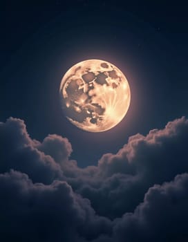 A luminous moon hangs in a dark sky, surrounded by soft clouds that create a dreamy ambiance. The scene invites quiet moments of reflection and wonder under the stars. Generative AI.