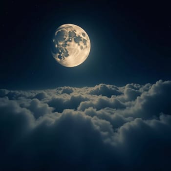 A luminous moon hangs in a dark sky, surrounded by soft clouds that create a dreamy ambiance. The scene invites quiet moments of reflection and wonder under the stars. Generative AI.