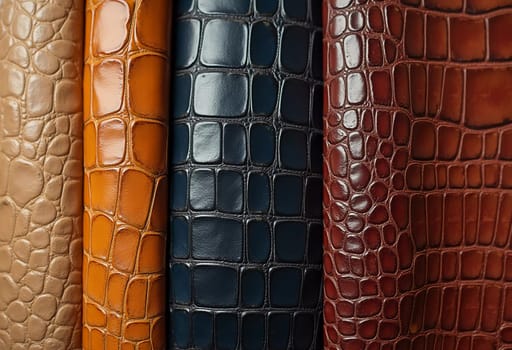 Different samples of genuine crocodile leather are arranged in vibrant colors. Each piece showcases unique textures and finishes, appealing to leather enthusiasts and designers. Generative AI.