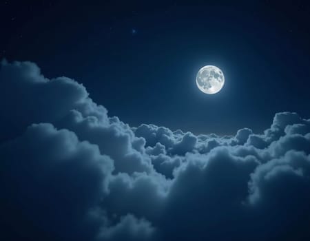 A luminous moon hangs in a dark sky, surrounded by soft clouds that create a dreamy ambiance. The scene invites quiet moments of reflection and wonder under the stars. Generative AI.