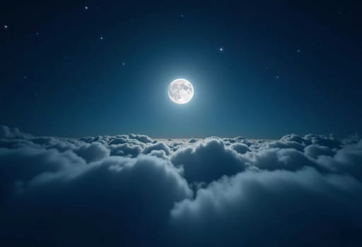 A luminous moon hangs in a dark sky, surrounded by soft clouds that create a dreamy ambiance. The scene invites quiet moments of reflection and wonder under the stars. Generative AI.