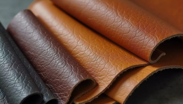 Samples of genuine cow leather in different colors are arranged neatly on a surface, showcasing the unique textures and qualities of each piece. This collection highlights craftsmanship. GenerativeAI