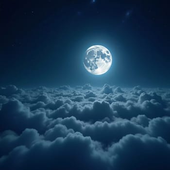 A luminous moon hangs in a dark sky, surrounded by soft clouds that create a dreamy ambiance. The scene invites quiet moments of reflection and wonder under the stars. Generative AI.