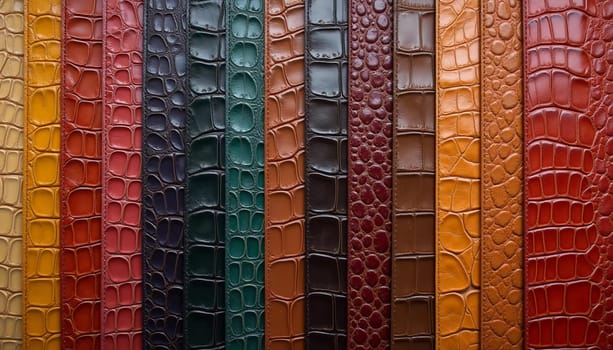 Different samples of genuine crocodile leather are arranged in vibrant colors. Each piece showcases unique textures and finishes, appealing to leather enthusiasts and designers. Generative AI.