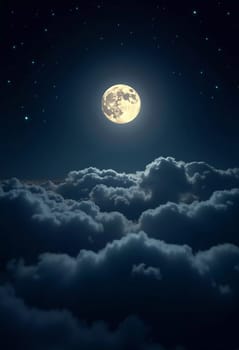 A luminous moon hangs in a dark sky, surrounded by soft clouds that create a dreamy ambiance. The scene invites quiet moments of reflection and wonder under the stars. Generative AI.