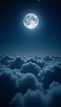 A luminous moon hangs in a dark sky, surrounded by soft clouds that create a dreamy ambiance. The scene invites quiet moments of reflection and wonder under the stars. Generative AI.