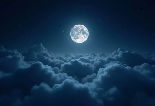 A luminous moon hangs in a dark sky, surrounded by soft clouds that create a dreamy ambiance. The scene invites quiet moments of reflection and wonder under the stars. Generative AI.
