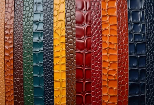 Different samples of genuine crocodile leather are arranged in vibrant colors. Each piece showcases unique textures and finishes, appealing to leather enthusiasts and designers. Generative AI.