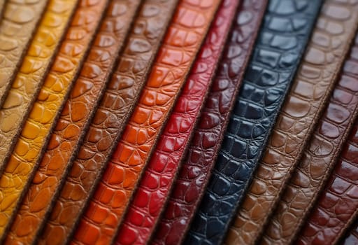Different samples of genuine crocodile leather are arranged in vibrant colors. Each piece showcases unique textures and finishes, appealing to leather enthusiasts and designers. Generative AI.