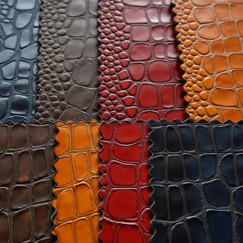 Different samples of genuine crocodile leather are arranged in vibrant colors. Each piece showcases unique textures and finishes, appealing to leather enthusiasts and designers. Generative AI.