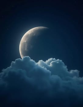 A luminous moon hangs in a dark sky, surrounded by soft clouds that create a dreamy ambiance. The scene invites quiet moments of reflection and wonder under the stars. Generative AI.