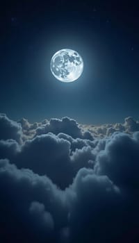A luminous moon hangs in a dark sky, surrounded by soft clouds that create a dreamy ambiance. The scene invites quiet moments of reflection and wonder under the stars. Generative AI.