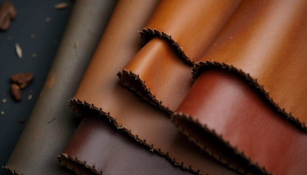 Samples of genuine cow leather in different colors are arranged neatly on a surface, showcasing the unique textures and qualities of each piece. This collection highlights craftsmanship. GenerativeAI