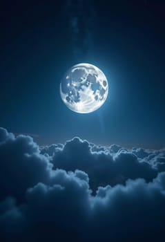 A luminous moon hangs in a dark sky, surrounded by soft clouds that create a dreamy ambiance. The scene invites quiet moments of reflection and wonder under the stars. Generative AI.