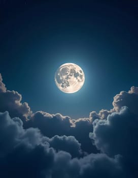 A luminous moon hangs in a dark sky, surrounded by soft clouds that create a dreamy ambiance. The scene invites quiet moments of reflection and wonder under the stars. Generative AI.