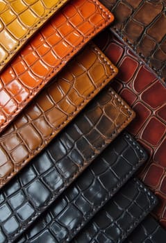 Different samples of genuine crocodile leather are arranged in vibrant colors. Each piece showcases unique textures and finishes, appealing to leather enthusiasts and designers. Generative AI.