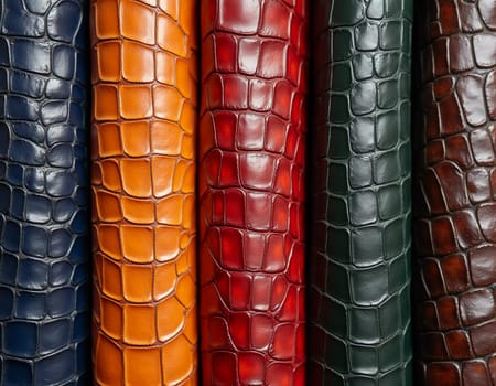 Different samples of genuine crocodile leather are arranged in vibrant colors. Each piece showcases unique textures and finishes, appealing to leather enthusiasts and designers. Generative AI.