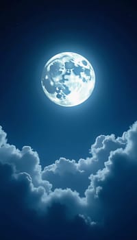 A luminous moon hangs in a dark sky, surrounded by soft clouds that create a dreamy ambiance. The scene invites quiet moments of reflection and wonder under the stars. Generative AI.