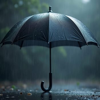 A black umbrella stands upright in a puddle as heavy rain falls around it. The backdrop features blurred greenery, enhancing the atmosphere of a typical rainy day. Generative AI.