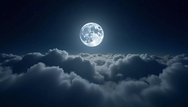 A luminous moon hangs in a dark sky, surrounded by soft clouds that create a dreamy ambiance. The scene invites quiet moments of reflection and wonder under the stars. Generative AI.
