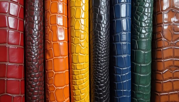 Different samples of genuine crocodile leather are arranged in vibrant colors. Each piece showcases unique textures and finishes, appealing to leather enthusiasts and designers. Generative AI.