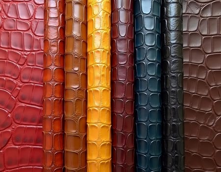 Different samples of genuine crocodile leather are arranged in vibrant colors. Each piece showcases unique textures and finishes, appealing to leather enthusiasts and designers. Generative AI.