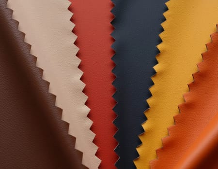 A collection of genuine pigskin leather samples showcases a variety of colors, including shades of orange, gold, brown, and black. Each piece displays unique textures and finishes. Generative AI.