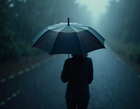 A figure in a dark coat strolls down a wet city street, holding a black umbrella against the pouring rain. Raindrops cascade around, creating a moody atmosphere in the evening light. Generative AI.
