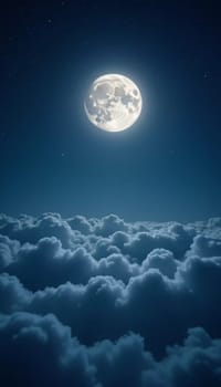 A luminous moon hangs in a dark sky, surrounded by soft clouds that create a dreamy ambiance. The scene invites quiet moments of reflection and wonder under the stars. Generative AI.