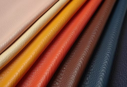 A collection of genuine pigskin leather samples showcases a variety of colors, including shades of orange, gold, brown, and black. Each piece displays unique textures and finishes. Generative AI.