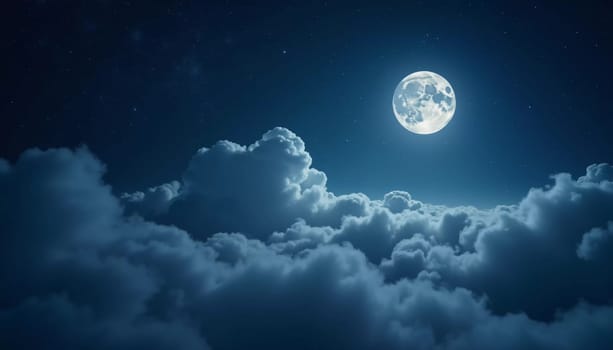 A luminous moon hangs in a dark sky, surrounded by soft clouds that create a dreamy ambiance. The scene invites quiet moments of reflection and wonder under the stars. Generative AI.