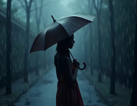 A figure in a dark coat strolls down a wet city street, holding a black umbrella against the pouring rain. Raindrops cascade around, creating a moody atmosphere in the evening light. Generative AI.